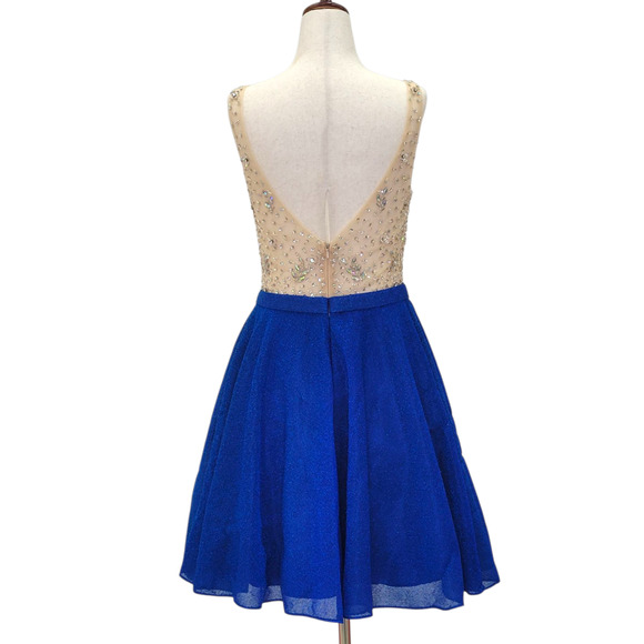 NWT Women's Blue and Gold Short Dress with Beautiful Detailed Gem Bodice - Picture 6 of 8